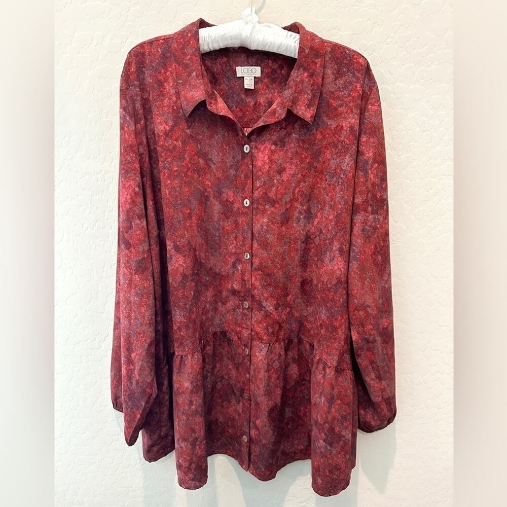 LOGO LORI GOLDSTEIN | Red Button Front Blouse Long Sleeve Flowy Tunic Top | XL